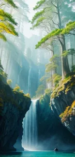 Tranquil forest scene with waterfall.