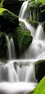 Lush green waterfall with mossy rocks and cascading water.