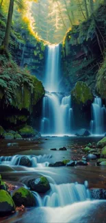 Tranquil forest waterfall wallpaper with flowing water and lush greenery.