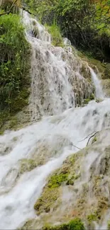 Serene forest waterfall cascading over moss-covered rocks in lush greenery.