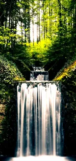 Forest waterfall mobile wallpaper with lush greenery.