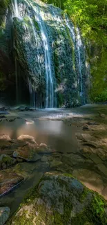 Tranquil waterfall amid lush forest scenery for mobile wallpaper.