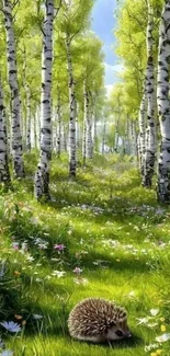 Peaceful birch forest with hedgehog.