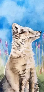 Watercolor fox painting with blue sky background.