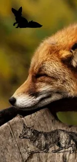 A serene red fox resting on a log in a woodland setting, surrounded by nature.