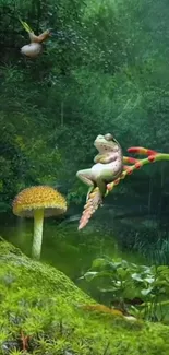 A frog on a branch in a lush green forest with a mushroom.