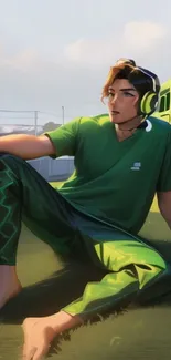 Relaxed gamer sitting in a green field, wearing headphones.