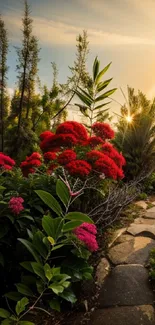 Sunlit garden path with red flowers and lush greenery.