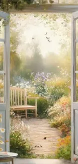 Open door to a serene garden with flowers and sunlight.