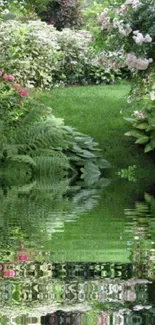 Tranquil garden reflection with lush greenery and serene water.