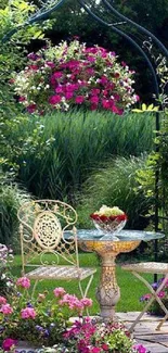 Elegant garden with chairs and flowers, ideal for serene phone wallpaper.