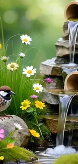 Bird and flowers by a tranquil garden waterfall.