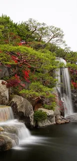 Serene garden with waterfalls and vibrant flowers.