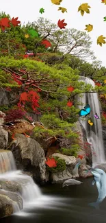 Tranquil garden with waterfalls and lush greenery.