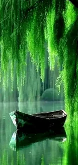 Peaceful boat under lush green willow branches on a calm lake.