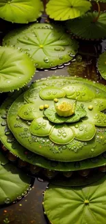 Green lily pads with water droplets on a tranquil pond