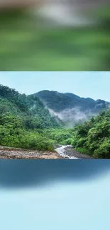 Lush green mountains with mist in a serene mobile wallpaper.