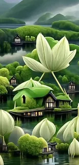 Fantasy green landscape with floating homes and lush hills.