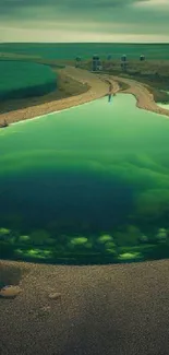 Tranquil green pond in a vast natural landscape wallpaper.