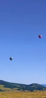 Hot air balloons floating in a blue sky above a scenic landscape.