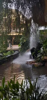 Indoor waterfall garden with lush greenery.