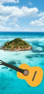 Island with guitar on turquoise ocean background.