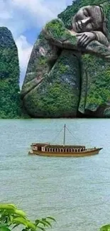 A serene island with a stone sculpture and a boat on calm waters.