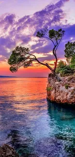 Vibrant island sunset with colorful sky and serene ocean view.