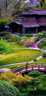 Tranquil Japanese garden with wooden bridge and lush scenery.