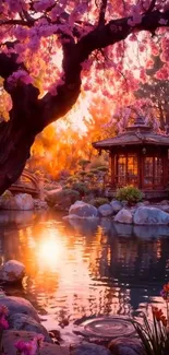 Japanese garden with cherry blossoms at sunset.