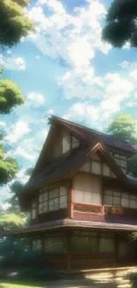 Japanese house surrounded by nature, under a bright sky.