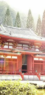 Beautiful Japanese temple with lush greenery.