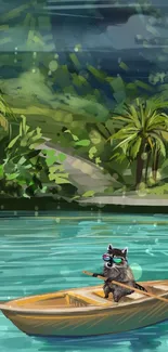 Raccoon rowing in tranquil jungle lagoon.