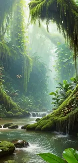 Serene jungle oasis with waterfall and lush greenery in vibrant wallpaper.