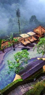 Aerial view of lush jungle retreat with misty atmosphere and greenery.