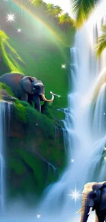 Elephants standing by a lush jungle waterfall with bright greenery and palm trees.