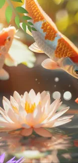 Colorful koi fish swimming near lotus in a tranquil pond.