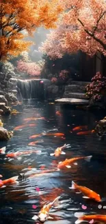 Autumn koi pond with vibrant orange leaves and serene fish.