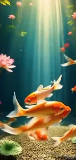 Vibrant koi swim in a serene pond with pink flowers.