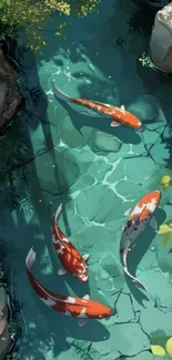 Koi fish swimming in a serene turquoise pond.