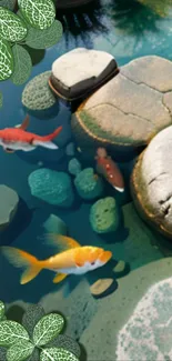 Koi pond wallpaper with fish, rocks, and greenery for a tranquil feel.