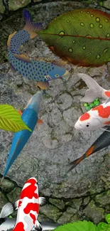 Koi fish swim beneath lush green leaves on a stone pond backdrop.