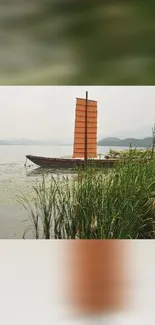 Peaceful lake scene with sailboat and reeds, featuring an orange sail.