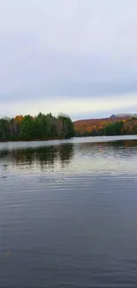 Serene lake with autumn trees reflecting in water