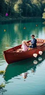 Wooden boat with family on tranquil green lake, surrounded by lush trees.