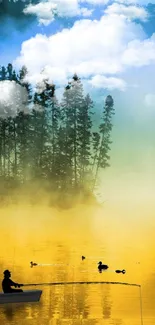 Tranquil scene of a fisherman on a misty lake with golden reflections.