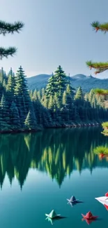 Scenic view of a calm lake with evergreen trees and colorful paper boats.