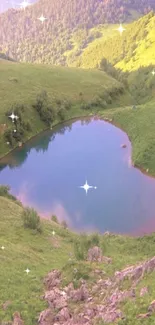 A tranquil lake surrounded by lush green hills