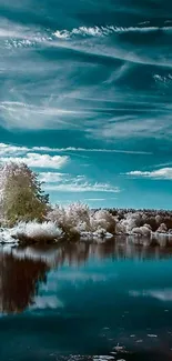 Calm lake with azure sky and lush greenery in tranquil mobile wallpaper.