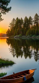 Scenic view of forest and sunrise over a tranquil lake with a boat.